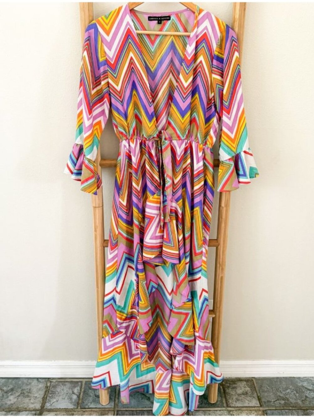 America & Beyond Chevron Maxi Coverup Dress Small Colorful Boho Tie Waist